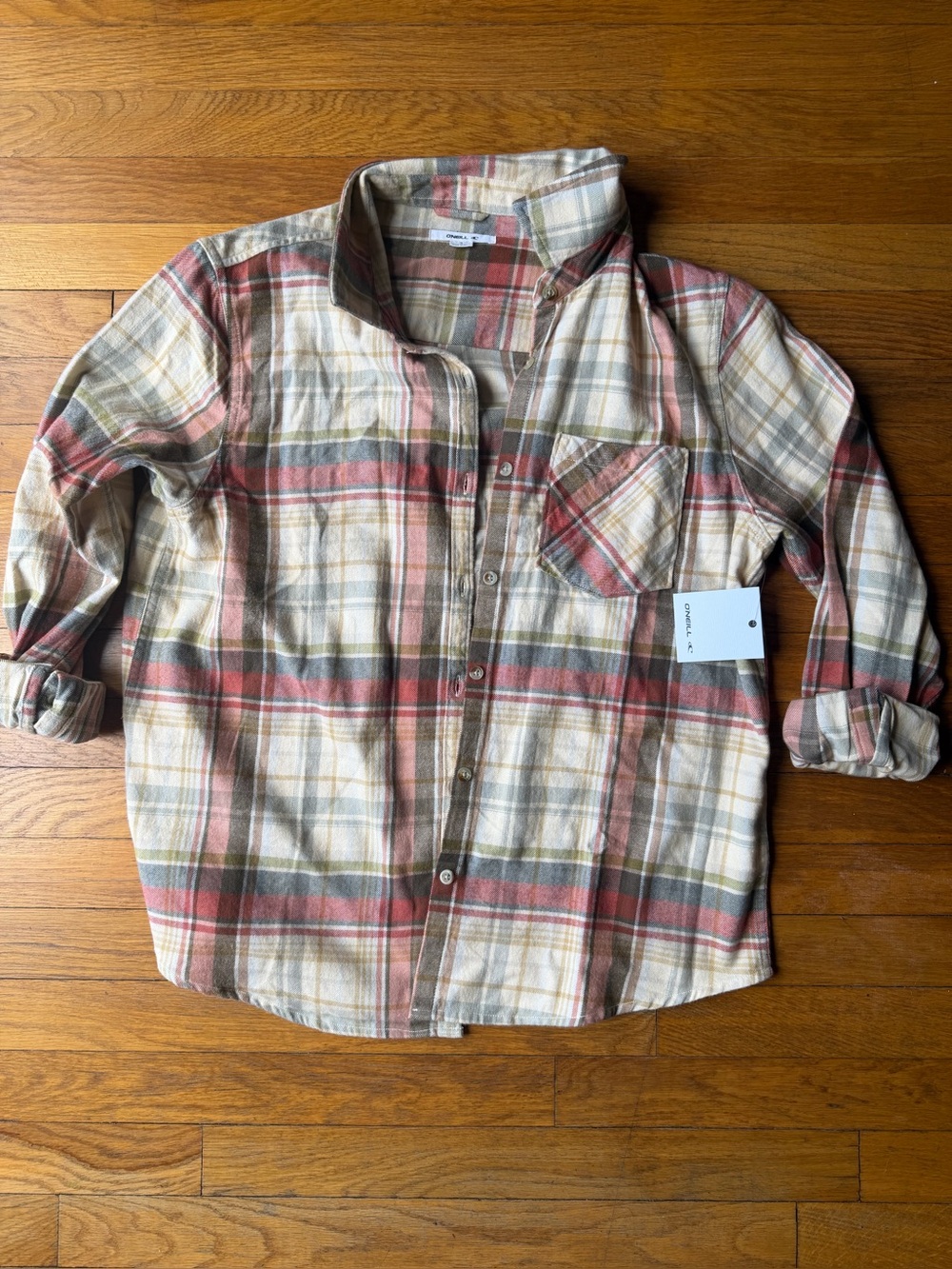 O’Neill Medium Plaid Button-Up Shirt in Cream, Rust & Olive
